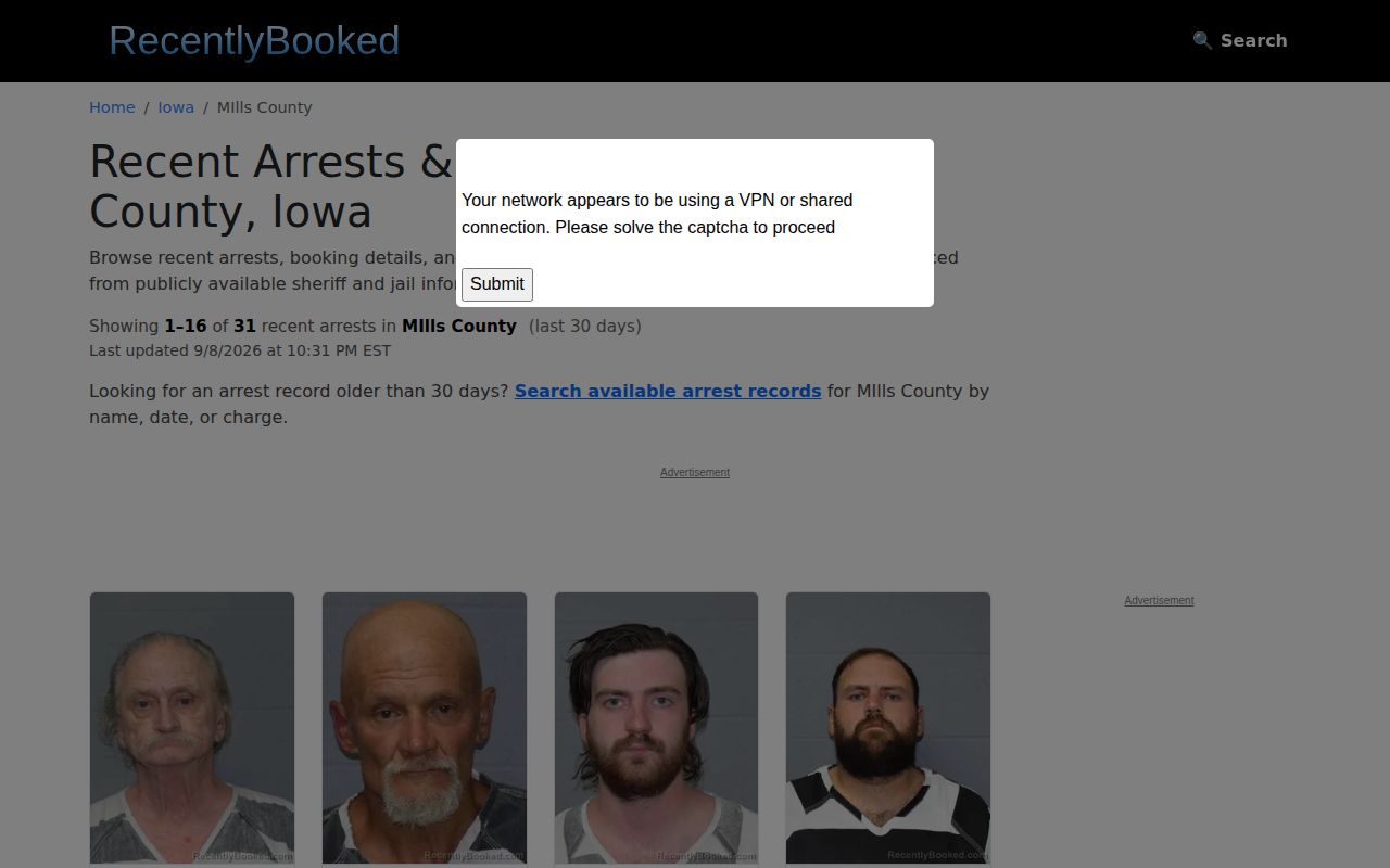 RecentlyBooked Mills County recent record index interface