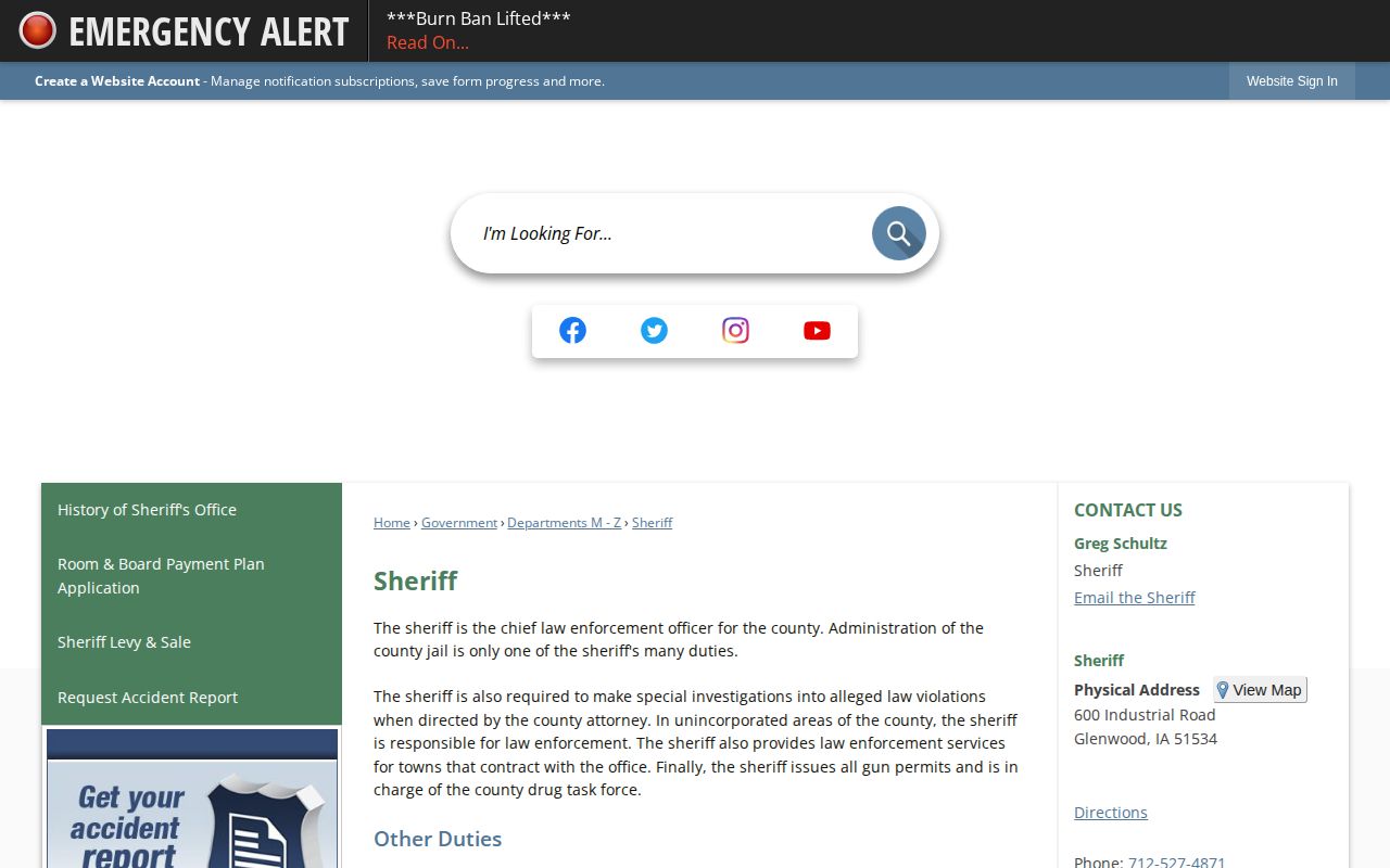 Mills County Sheriff contact page for jail and arrest record access
