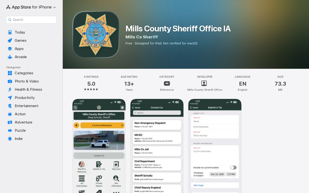Apple App Store listing for the Mills County Sheriff Office IA app