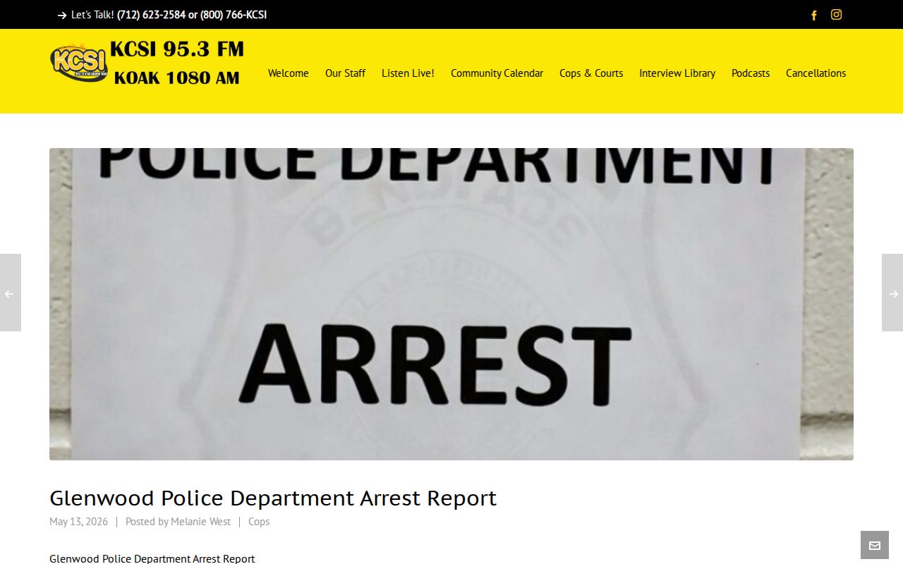 KCSI Glenwood Police arrest report page showing a dated report format