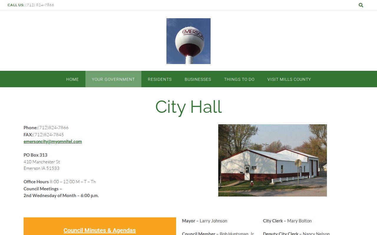 Official Emerson City Hall page with address phone and office hours