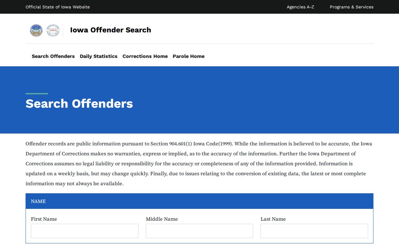 Iowa DOC offender search for post-arrest state custody records