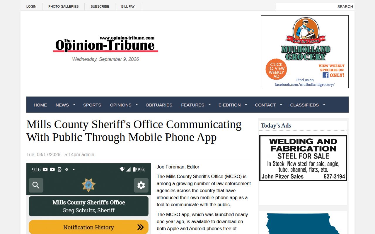 Opinion-Tribune report about Mills County arrest and inmate app access